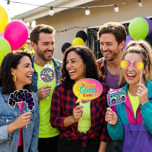 24PCS 90s Class Reunion Photo Booth Props, Retro 1990s Party Decorations with Neon Glasses, Boombox, Best Class Ever Reunited Forever 90's Photo Props for Welcome Back High School Reunion