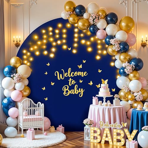 6.6 ft Navy Blue Round Backdrop Cover with Lights Circle Arch Backdrop Cover with Fairy Lights for Baby Shower Boy Birthday Party Wedding Bridal Shower Photography Photo Shoot Background Decorations - color: Navy Blue, size: 6.6 FT