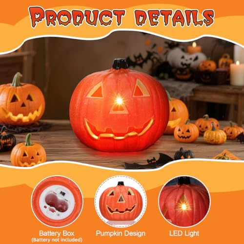 Housoutil Hollow Out Jack-o-Lantern Orange Decor Outdoor Plant LED Lanterns Halloween Pumpkin Table Light Artificial Glowing Pumpkins LED Halloween Pumpkin Light Plastic Orange Party Decor