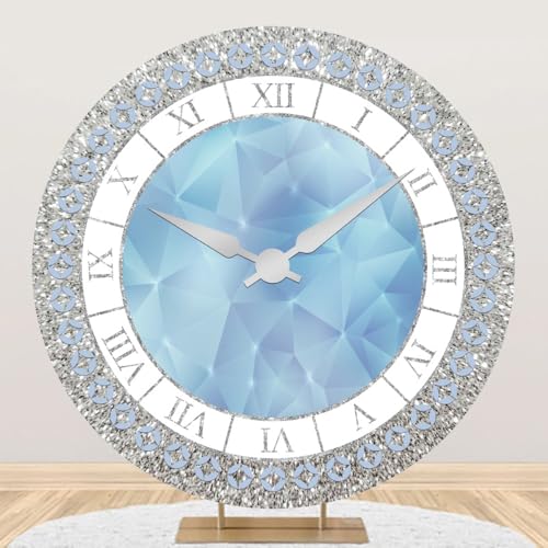 7.2x7.2ft Crystal Blue Clock Round Backdrop Cover Luxury Silver Blue Clock Circle Backdrop Background Girls Kids Newborn Baby Shower Women Birthday Party Decorations Congrats Grad Studio Props - color: Silver Blue, size: 7.2x7.2ft-Diameter