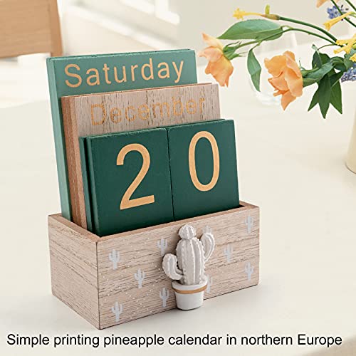 Notakia Perpetual Calendar, Wooden Calendar for Home Office Desk Accessories Vintage Wood Block Calendar(Green) - color: Green cactus