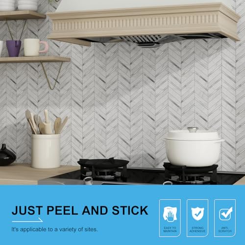 Herringbone Peel and Stick Backsplash, 10-Sheet Peel and Stick Wall Tiles Self Adhesive PVC Tile Stick on Backsplash Tiles for Kitchen Fireplace - color: White Marble Mixed Silver Metal