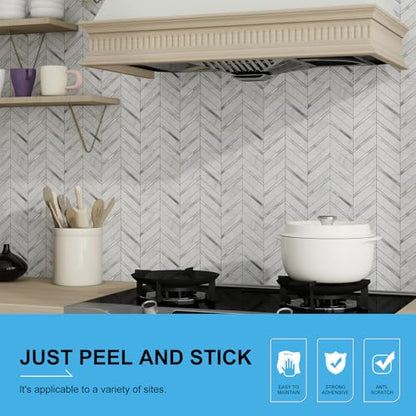 Herringbone Peel and Stick Backsplash, 10-Sheet Peel and Stick Wall Tiles Self Adhesive PVC Tile Stick on Backsplash Tiles for Kitchen Fireplace - color: White Marble Mixed Silver Metal