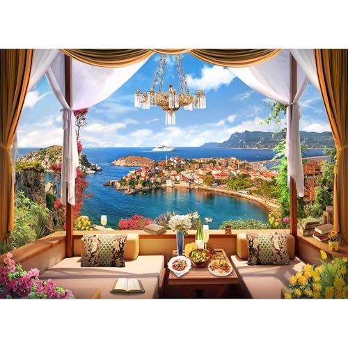 Mediterranean Bay Backdrop Romantic Tuscany Coastal City Bay Scenery Photography Background Luxury Restaurant Balcony Chandelier Dining Backdrop Blue Sea Mountain View Portrait Studio Props 7x5ft - color: Blue_Orange, size: 7x5ft