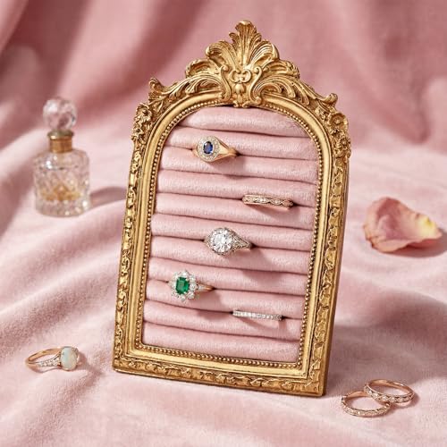 Liliaafar Vintage Ring Holder Arch Pink Gold Ring Wedding Display Suede Jewelry Box Stand Frame Earring Tray Anniversary Engagement Baroque Organizer Photograph Prop for Women Birthday Christmas Gift - color: Pink Gold, style: Arch