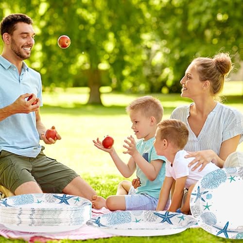 50Pcs Coastal Beach Oval Paper Plates 10" x 12" Large Heavy Duty Disposable Blue Ocean Coral Starfish Seashell Dinner Plates Summer Beach Paper Platters for Under the Sea Wedding Birthday Supplies - style: 50Pcs Coastal Oval Paper Plates