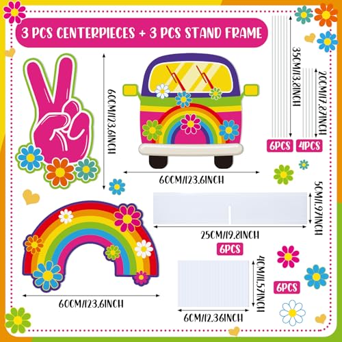 Soulchen 3 Pcs 24 Inch Large Hippie Photo Booth Props Retro Groovy Birthday Party Decorations Boho Bus Peace Sign Hand Rainbow Daisy Frame Backdrop for 60s 70s Hippie Party Supplies - style: Bright Hippie