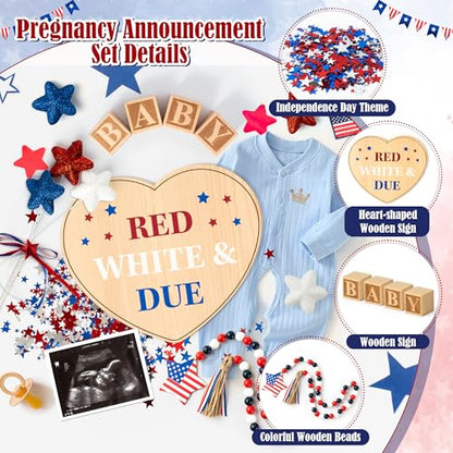 11Pcs Pregnancy Announcement Set 4th of July Baby Coming Soon Announcements Ideas Include Red White & Due Wooden Sign Star Beads Garland Red White Blue Pregnancy Reveal Photo Prop for Independence Day - color: Red White Blue