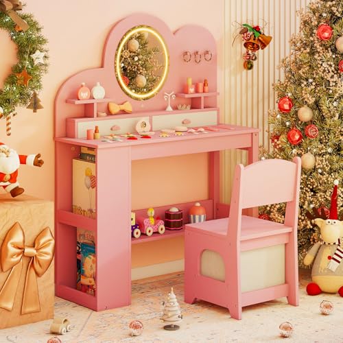 Costzon Kids Vanity, Girls Vanity Set with Lighted Mirror, Bookshelf, Drawers, Hooks & Storage Shelves, Toddler Makeup Vanity Desk Dressing Table, Wooden Kids Vanity Table and Chair Set (Pink) - style: Pink with Bookshelf