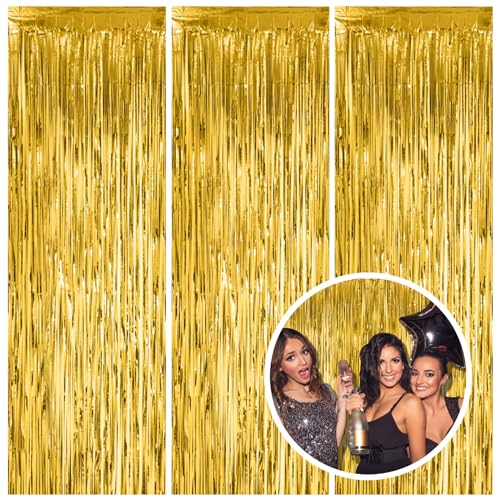 3 Pack Gold Fringe Backdrop Curtain Tinsel Party Streamers Birthday Party Decorations New Year Photo Booth Backdrop Halloween Christmas Graduation Bachelorette Theme Party Decorations - color: Gold