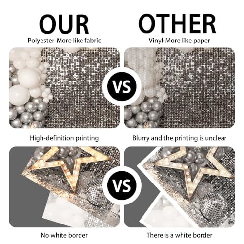 8x6FT Silver Sequin Photo Backdrop Balloons Star Shiny Sparkle Theme Photography Background Birthday Wedding Celebration Events Party Banner Decoration Photoshoot Supplies Polyester - size: 8x6FT
