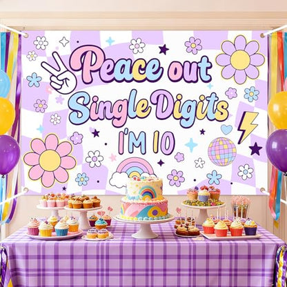 Peace Out Single Digits Party Decoration Backdrop Purple Peace Out Single Digits I'm 10 Boho Hippie 10 Years Banner Groovy 10th Birthday Decor for Girls Daisy Groovy Tenth Bday Photo Props 5 * 3ft