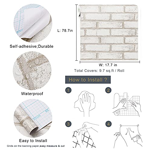 Timeet Beige White Brick Wallpaper Brick Peel and Stick Wallpaper Self Adhesive Brick Contact Paper Faux Brick Wallpaper Removable Wall Paper for Bedroom Laundry Room Accent Walls 17.7"×78.7" - color: Beige,white, size: 17.7" x 78.7"
