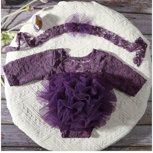 Newborn Photography Outfits Girl Baby Photography Props Lace Romper with Headress Newborn Outfits Girls Photo Props - color: Purple