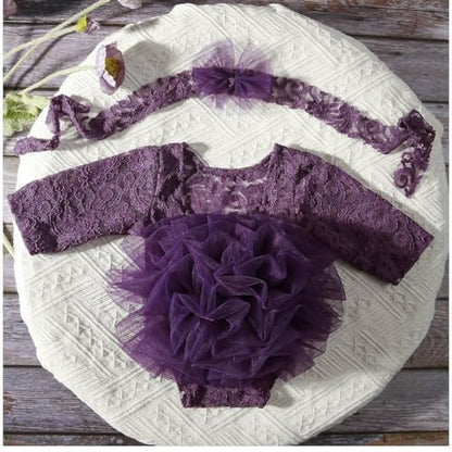 Newborn Photography Outfits Girl Baby Photography Props Lace Romper with Headress Newborn Outfits Girls Photo Props - color: Purple