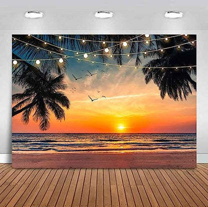 Sensfun Sea Beach Sunset Backdrop Hawaii Tropical Palm Trees Luau Party Photography Background Summer Seaside Vacation Wedding Birthday Baby Shower Party Decorations Banner Photo Booth Props 7x5ft - size: 7x5ft