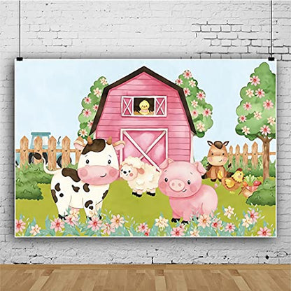 6x4ft Cartoon Farm Animals Party Backdrop Pink Barn Girl Baby Shower Birthday Photography Background Farmland Animals Cows Pigs Barnyard Backdrop Banner Cake Table Decoration Photo Booth Props - size: 6x4ft