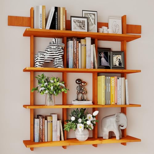 Bookshelf 4 Tier Wall Mounted Book Shelf, Space-Saving Floating Bamboo Bookcase Heavy Duty 600lbs, Storage Display Shelf for Living Room Bedroom Office, 43" W x 52" H