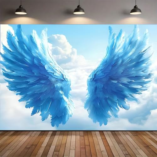 Blue Big Angel Wings Backdrop Fantasy Sky White Cloud Holy Heaven Sent Baby Shower Decorations for Adult Birthday Wedding Party Decoration Boy Girl Artistic Portrait Photo Studio Props (A, 7X5FT) - color: A, size: 7X5FT