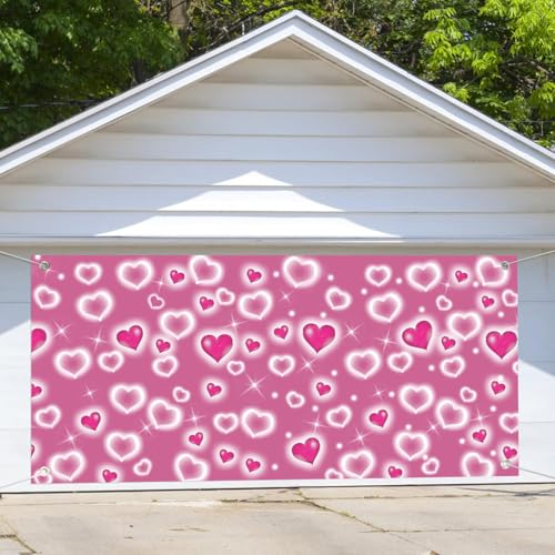 7X16ft Valentine's Pink Heart Garage Door Cover Background Glitter Heart Romantic 90s Valentine Party Photography Backdrop Women Men Happy Birthday Party Outdoor Indoor Banner Cover - color: Pink3, size: 7X16