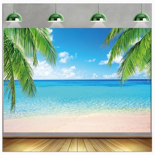 Summer Tropical Beach Photography Backdrops Seaside Island Palm Trees Photo Blue Sky White Clouds Background for Hawaii Pool Party Luau Theme Decoration Studio Props Banner (7x5 FT) - size: 7x5 FT