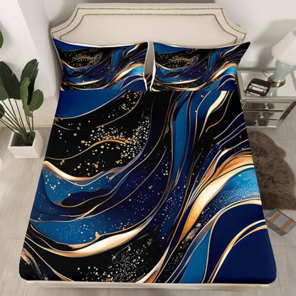 Feelyou Geometric Bed Sheets Set Full Size Modern Art Bedding Set for Kids Boys Girls Modern Marble Aesthetic Sheets with Deep Pocket Fitted Sheet Abstract Marble Texture Printed Bedding Set - color: Dark Blue, size: Full