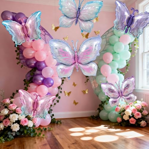 6 Pcs Butterfly Balloons Foil, Large Pastel Pink Purple Foil Balloon Gradient Butterflies Balloons Helium for Butterfly Themed Wedding Birthday Spring Garden Baby Shower Party Decorations - style: Butterfly