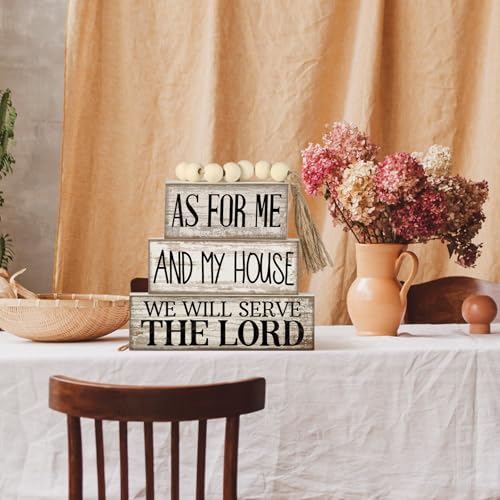 Yuntau 4 Pcs Farmhouse Bible Verse Decor Farmhouse Tiered Tray Decor Rustic Retro Wood Bead Garlands for Me and My House We Will Serve the Lord Block Christian Jesus Sign for Home Shelf Mantel - style: Bible Verse