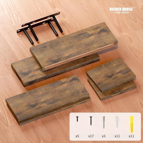 RICHER HOUSE Floating Shelves Set of 3, Modern Bathroom Shelves Wall Mounted Shelves with Invisible Brackets Over Toilet, Rustic Wall Shelves for Bathroom Bedroom, Living Room, Kitchen - Brown - color: Brown, size: 2+1