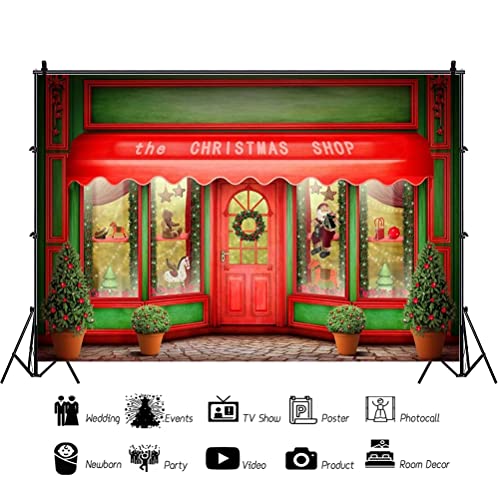 AOFOTO 12x10ft Red Christmas Shop Backdrop Front Door of Xmas Display Window Santa's Toy Store Photography Background Holiday New Year Party Banner Kids Baby Child Adult Portrait Photo Studio Props - size: 12x10ft