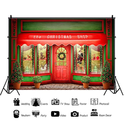 AOFOTO 12x10ft Red Christmas Shop Backdrop Front Door of Xmas Display Window Santa's Toy Store Photography Background Holiday New Year Party Banner Kids Baby Child Adult Portrait Photo Studio Props - size: 12x10ft