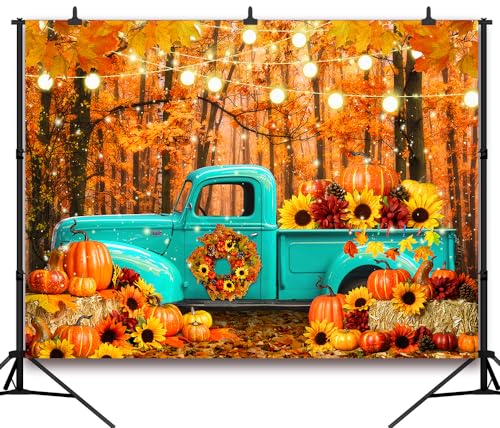 7x5 FT Fall Forest Blue Truck Backdrop Autumn Forest Pumpkin Maple Leaf Sunflower Harvest Theme Photography Background Thanksgiving Party Decorations Banner Portrait Photo Studio Props, Clear - size: 7x5 Ft