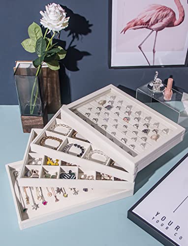 Coward Set of 5 Stackable Jewelry Organizer Tray Necklace Earring Box Storage Ring Bracelet Display Holder (beige(ring+necklace+12girds+24girds+The glass lid)) - color: Beige Velvet, size: Ring+Necklace+12Grids+24Grids+Lid