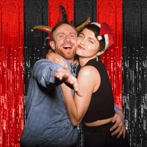 2 Pack Black and Red Backdrop Party Decorations Tinsel Curtain Halloween Party Streamer Foil Fringe Birthday Decorations Photo Booth Fancy Ball Christmas New Year Graduation Party Decor Decor - color: Black Red, size: 39.4"w X 78.7"l (Pack of 2)