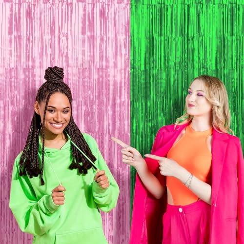 4 Pack 3.3Ft x 6.6Ft Pink and Green Foil Fringe Curtain Backdrop Decorations, Witch Metallic Tinsel Foil Streamers Curtain Photo Booth Background for Witch Wedding Birthday Party Decorations - color: Pink and Green