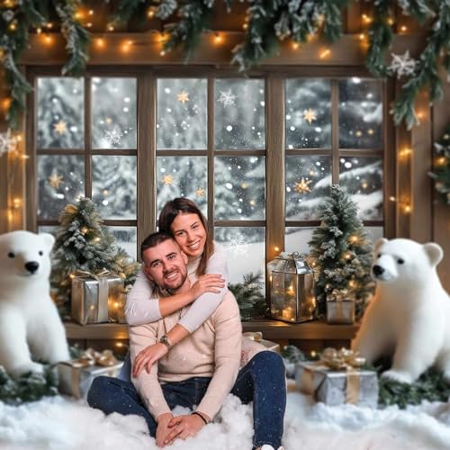 AIBIIN 8x6ft Winter Christmas Backdrop Window Snowy Xmas Pine Trees Forest View Photography Background Winter Christmas Cute Bear Gift Photo Backdrop - color: Bear, size: 8x6ft
