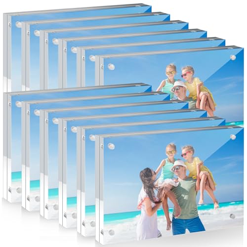 12 Pack 5X7in Acrylic Picture Frame, Clear Picture Frames Double Sided Magnetic Freestanding Photo Block Frame Desktop Display Floating Frameless Acrylic Frame Stand - size: 5X7