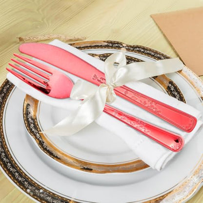 180 Pack Disposable Rose Red Plastic Silverware Contain 60 Forks,60 Spoons,60 Knives, Solid and Durable Plastic Cutlery Utensils Set Perfect for Parties,weddings. - color: Rose