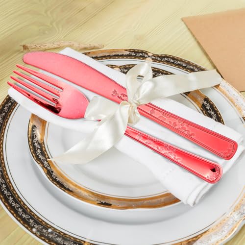 180 Pack Disposable Rose Red Plastic Silverware Contain 60 Forks,60 Spoons,60 Knives, Solid and Durable Plastic Cutlery Utensils Set Perfect for Parties,weddings. - color: Rose