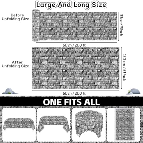 party greeting Stone Wall Tablecloth Roll 200FT x 51 Inch Disposable Brick Stone Plastic Table Covers Roll Castle Wall Backdrop for Halloween Western Birthday Medieval Party Decoration Favors Supplies