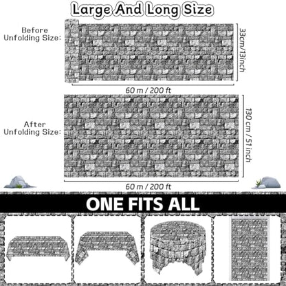 party greeting Stone Wall Tablecloth Roll 200FT x 51 Inch Disposable Brick Stone Plastic Table Covers Roll Castle Wall Backdrop for Halloween Western Birthday Medieval Party Decoration Favors Supplies