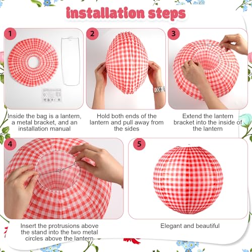 Moukeren 33 Pcs Picnic Party Decorations Set Paper Lanterns Red and White Checkered Gingham Pennant Banner with Hanging Paper Fans Tablecloth for Carnival Picnic BBQ Party Supplies