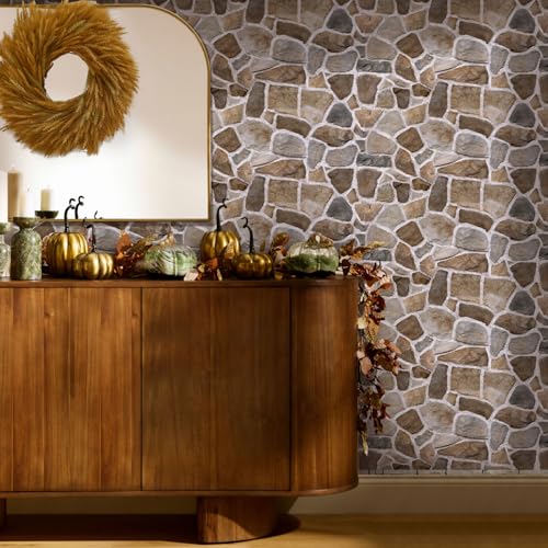 COMSTICKC 3D Faux Stone Wall Panels Peel and Stick, 12 Pcs 22.8" x 11.8", DIY UrltraLight PVC Fake Stone Decorative Tiles for Kitchen, Living Room Background, Covers 22.48 sq.ft - color: Brown Fieldstone