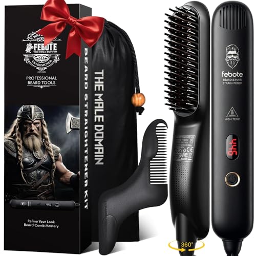 Heated Ionic Hair Straightening Brush for Men - 5 Temperature Settings, Anti-Scald, Beard Shaper & Travel Bag - color: Black