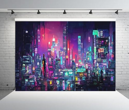 8x6ft Fabric Punk City Night Backdrop Futuristic City Neon Building City Night Skyline Photography Background for Gamer Adults Boys Party Decorations Photo Props - size: 8x6FT