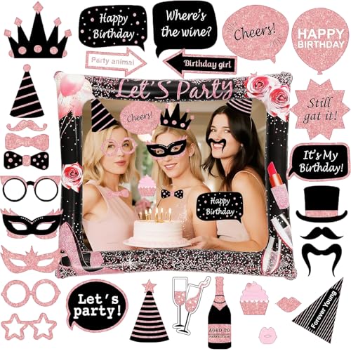 Birthday Photo Booth Props, Black Rose Inflatable Photo Booth Frame, 29PCS Photo Booth Props for Party Selfie Party Decorations and Gifts - size: Black Rose Birthday Inflatable Frame