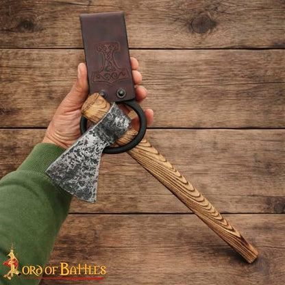 Lord of Battles Medieval Genuine Leather Axe Frog | Axe Holster with Belt Loop | Waist Holder for Axes, Tools - color: Mjolnir - Brown