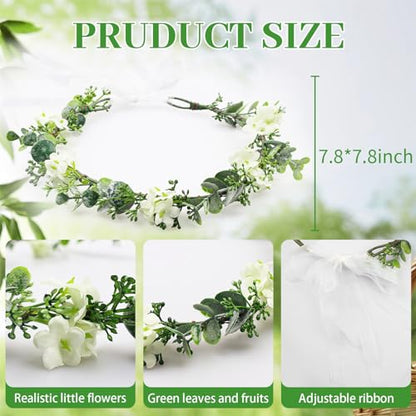 MEMOVAN Bridal Green Leaf Crown Flower Crown Renaissance Fair Adjustable Boho Floral Crowns Eucalyptus Headband Hair Wreath Bohemian Headpiece for Wedding Birthday Vacation Party Festival Photo Prop - color: Whtie