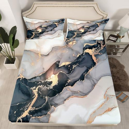 Black Marble Sheet Set - White Gray Gold Marble Bed Sheets Sets - Luxury Soft - Deep Pockets Wrinkle Free Marble Bedding - 1 Abstract Art Fitted Sheet, 1 Tie Dye Flat, 2 Pillow Cases - 4 Piece,Queen - color: A-01, size: Queen
