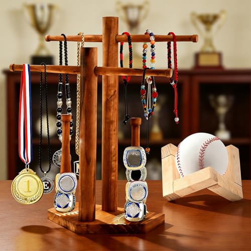 Wooden Baseball & Softball Drip Necklace Holder, Championship Ring Display Holder, Sports Ring Organizer for Boy Team Player Men Home Bedroom Decor
